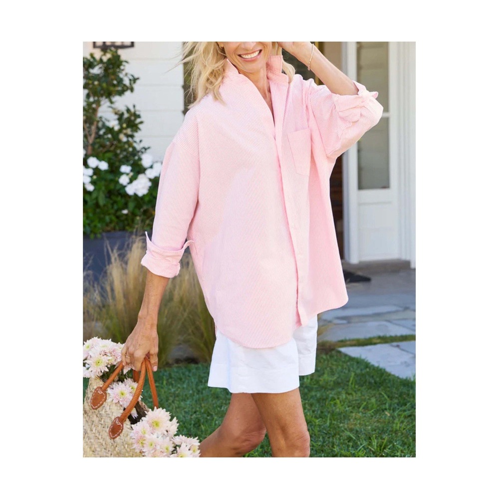 Frank Eileen Shirley Oxford Shirt XL Pink Stripe Oversize Button Italian Cotton